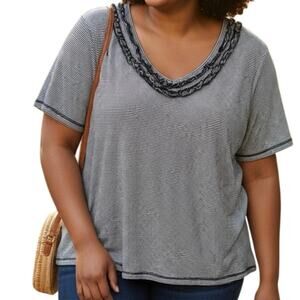 D & Co. Striped Tee Womens Size 3X Navy White Ruffled V-Neck Cotton Top